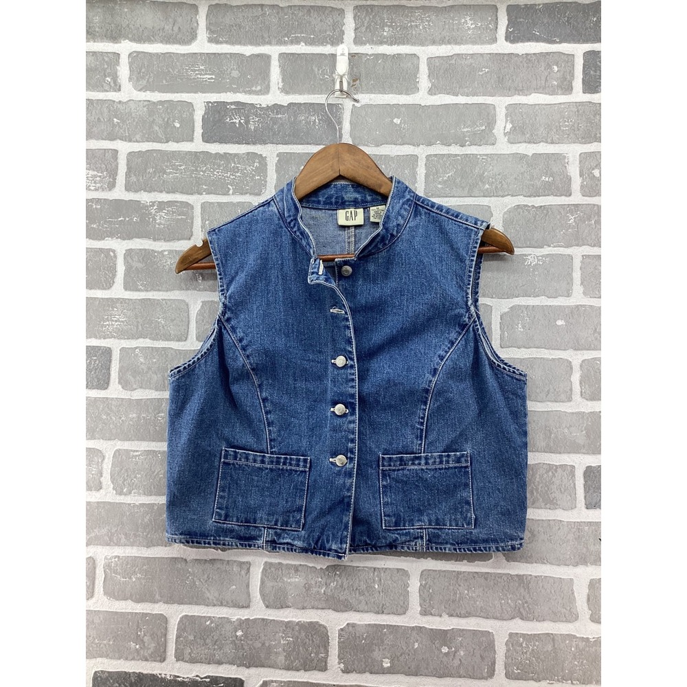 Vintage GAP Denim Vest Medium Wash Mock Neck Y2K Cotton Blue Women's Size M
